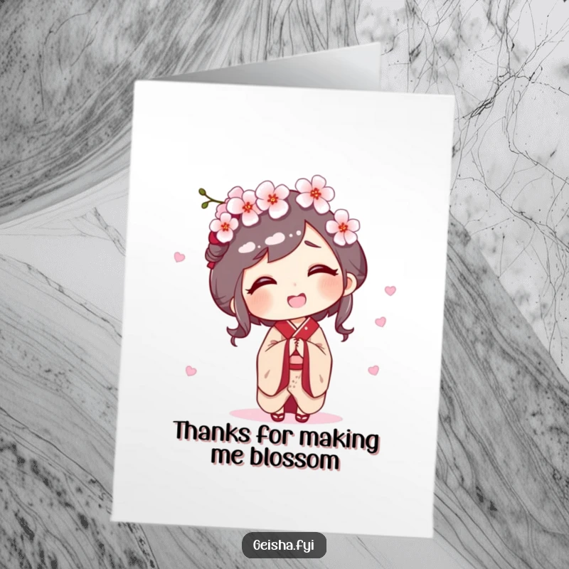 Funny Free Printable thank you card: a geisha giggling as a cherry blossom gently falls on her head, expressing thanks.