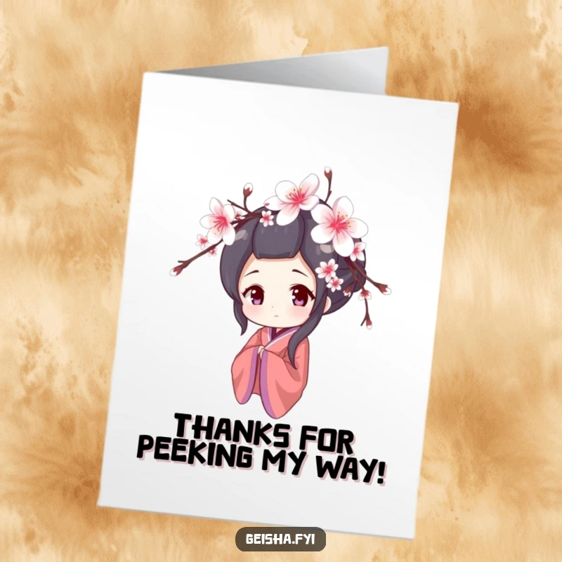 Funny Free Printable thank you card showing a shy geisha character peeking from cherry blossoms, expressing thanks with quiet grace.