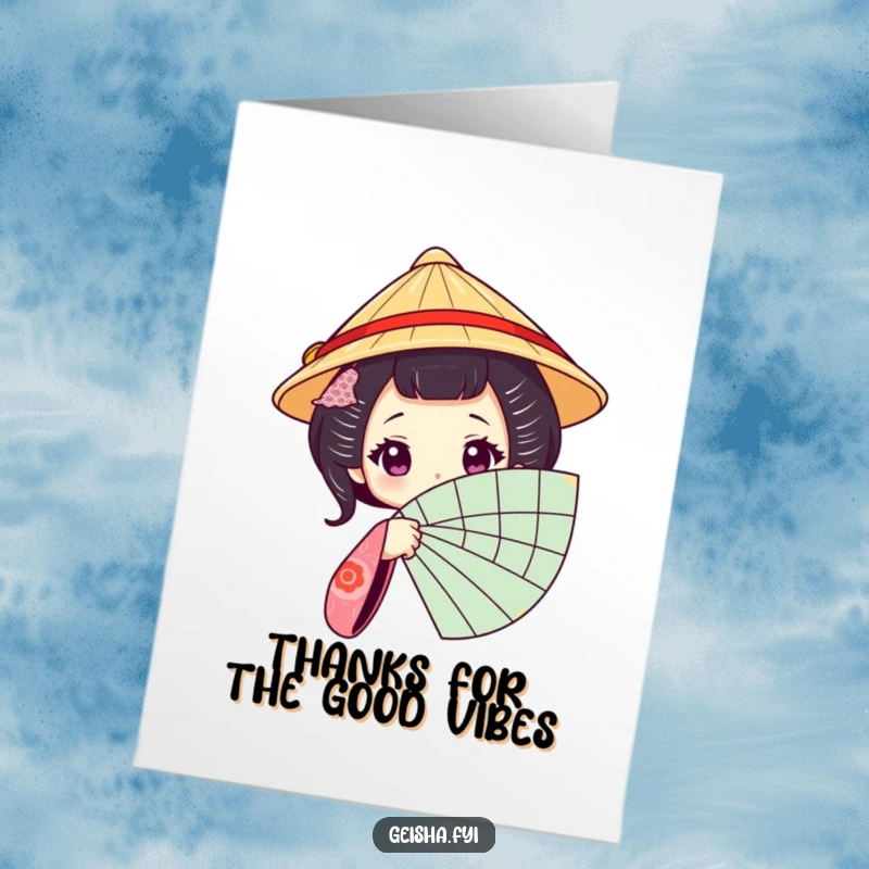 Funny Free Printable Geisha Thank You Card: Geisha character peeking from behind a fan, showing gratitude with humor.