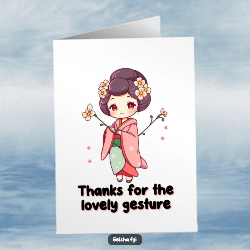 Funny Free Printable Thank You Card: A geisha poses whimsically with a flower, conveying warm thanks.
