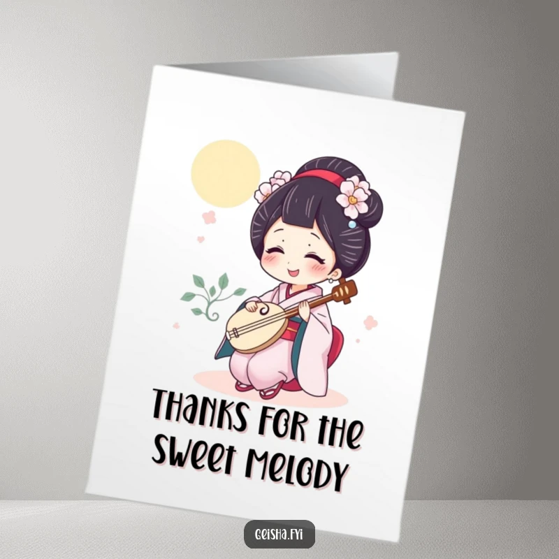 Funny Free Printable Thank You Card: A geisha giggles while playing a tiny shamisen, expressing thanks.
