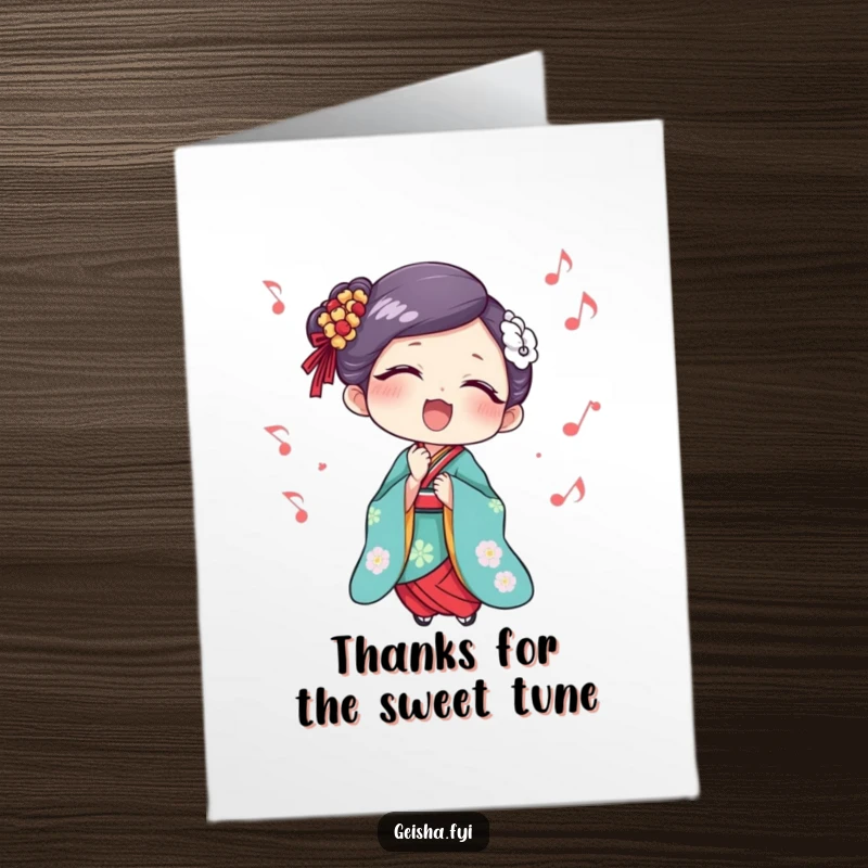 Funny Free Printable Geisha Thank You Card: Geisha singing happily with musical notes, conveying thanks with a cheerful melody.