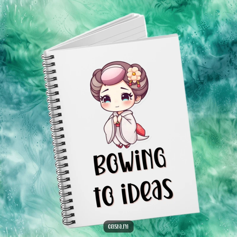 Funny Geisha Bowing Notebook: A notebook cover showing a geisha character with delicate makeup bowing cheerfully.
