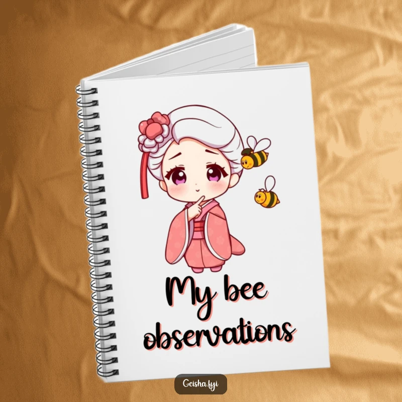 Funny Geisha Notebook featuring an amused character pointing at a small, buzzing bee, perfect for writing.