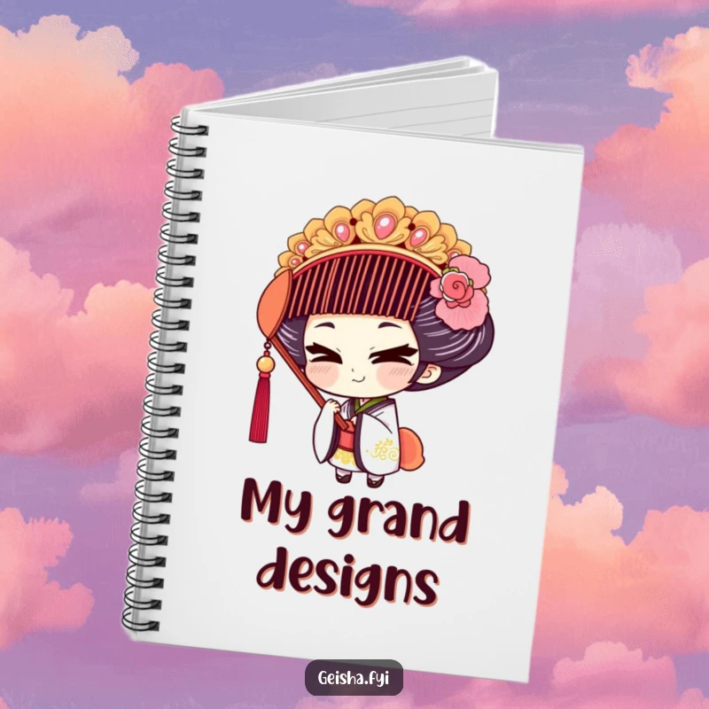 Funny Geisha Notebook: Geisha character with a mischievous smile trying on an ornate comb, perfect for notes.