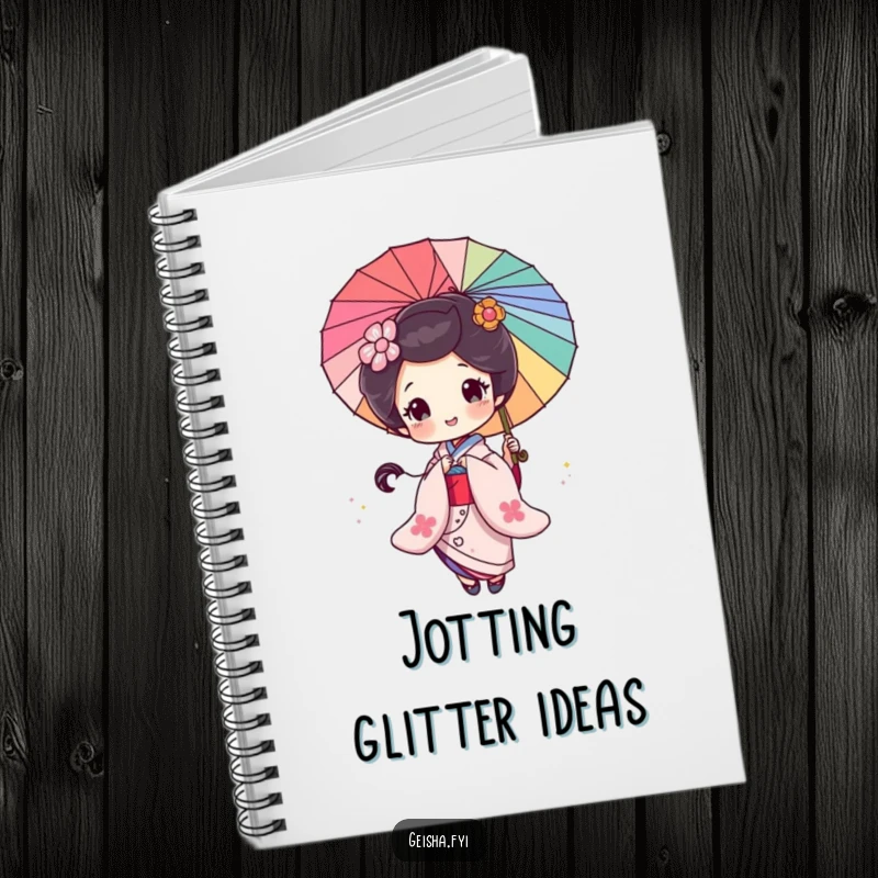 Funny Geisha Notebook: A geisha character happily spins a glittery parasol, perfect for note-taking.