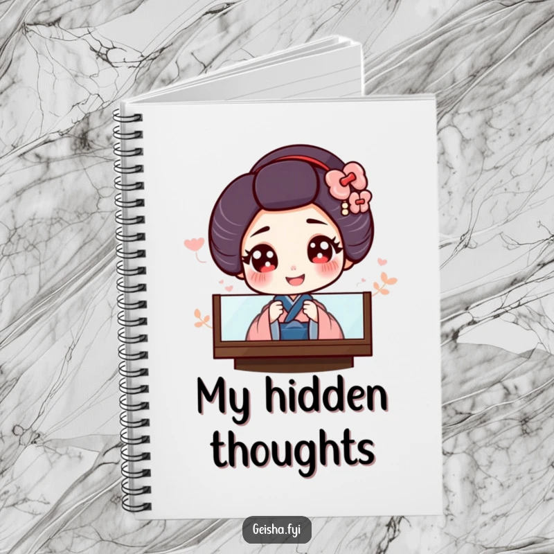 Funny notebook cover featuring a giggling geisha with large eyes peeking from behind a screen, inspiring graceful writing.