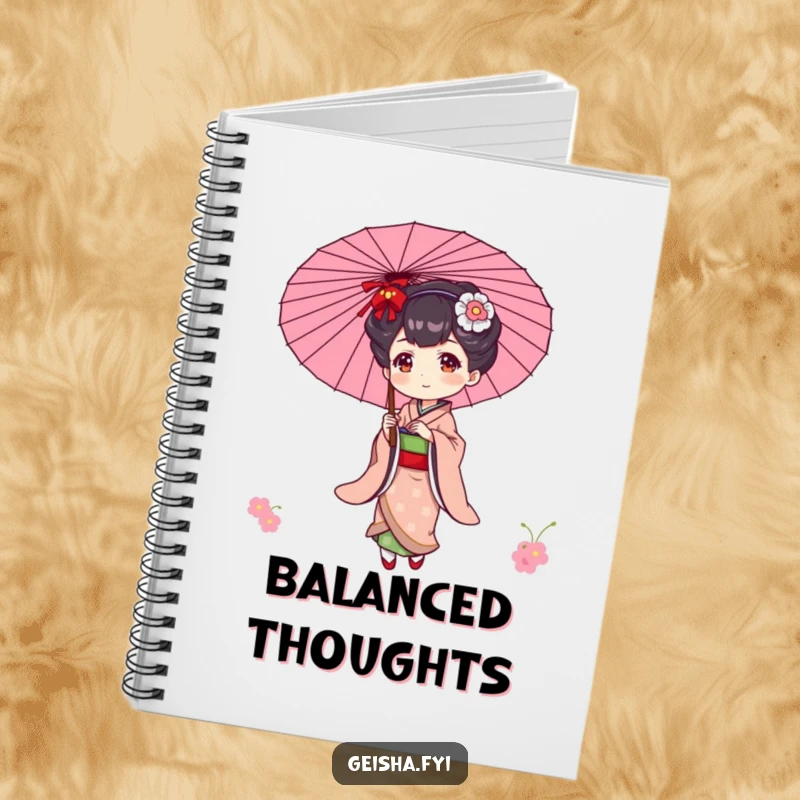 Funny notebook cover featuring an elegant geisha character playfully balancing a parasol, inspiring creativity.