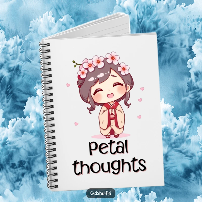 Funny notebook cover featuring a geisha character giggling as a cherry blossom gently falls on her head, inspiring joy.