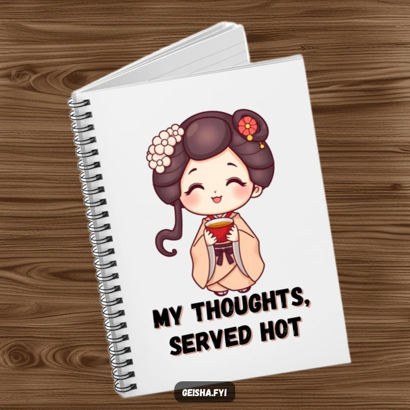Funny geisha character with a sweet smile offering a tiny cup of tea on the cover of a notebook.