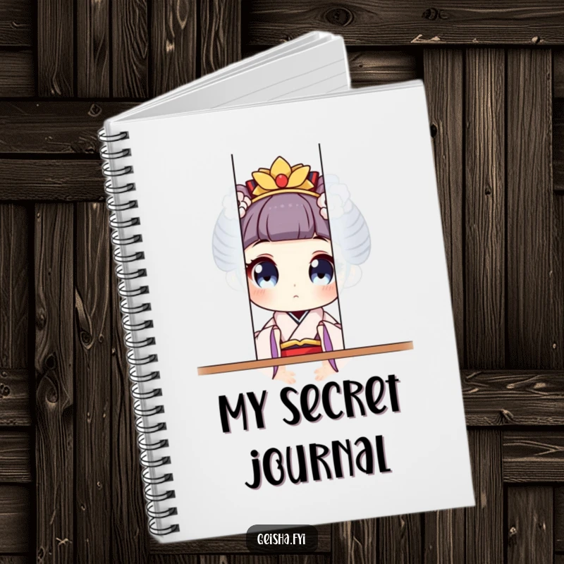 Cover features a funny geisha character with wide eyes playfully peeking from behind a screen in this notebook.
