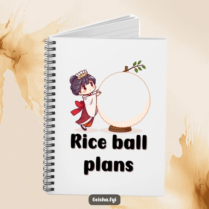 Funny Geisha Rice Ball Notebook: a character humorously trying to balance a large, wobbly rice ball, ideal for jotting down ideas.