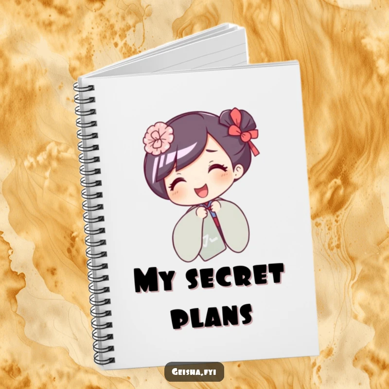 Funny notebook with a giggling geisha character playfully hiding behind a fan, ideal for notes and doodles.