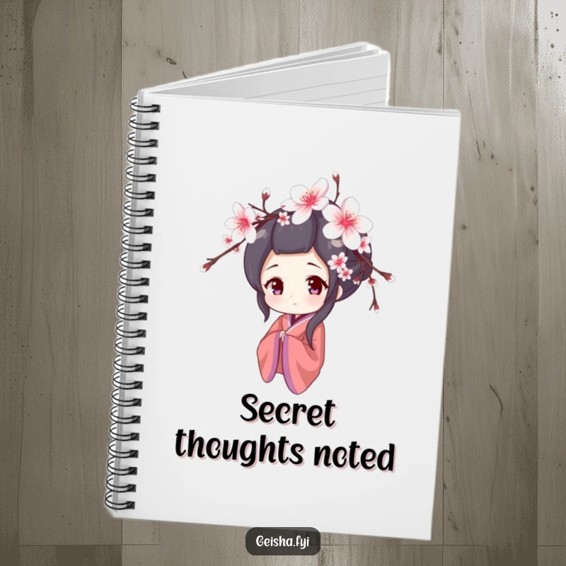 Funny notebook with a shy geisha character peeking from behind cherry blossoms, ideal for notes and as a humorous stationery gift.