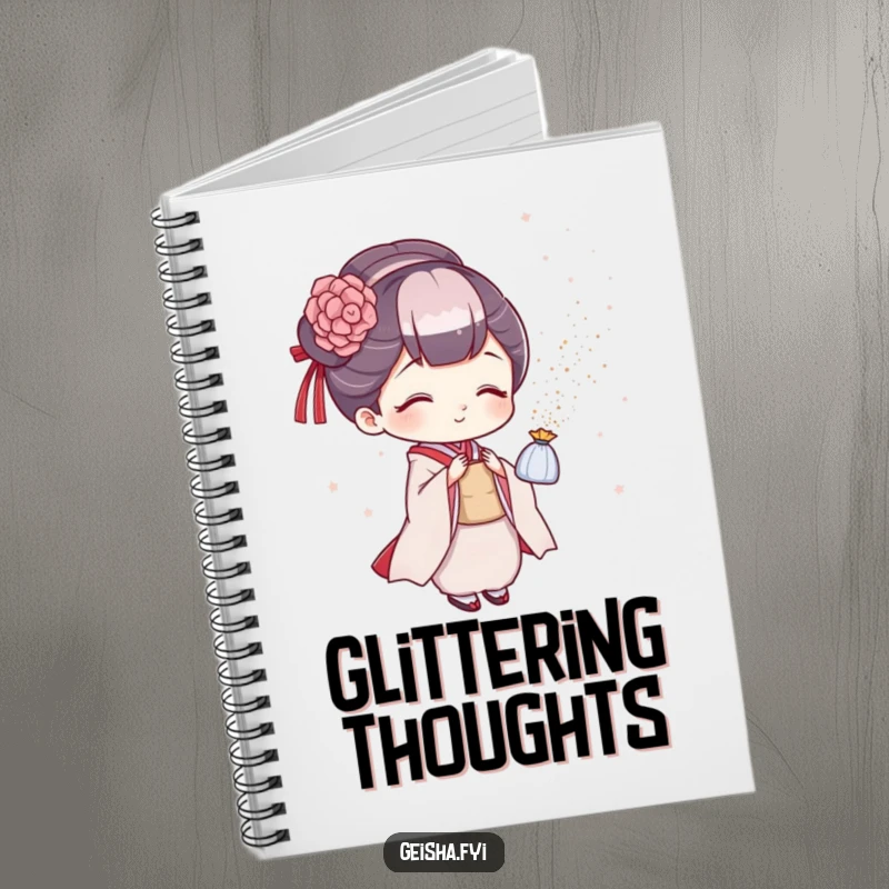Funny geisha notebook, creative cover with a character playfully sprinkling glitter, great for notes and humorous gifts.