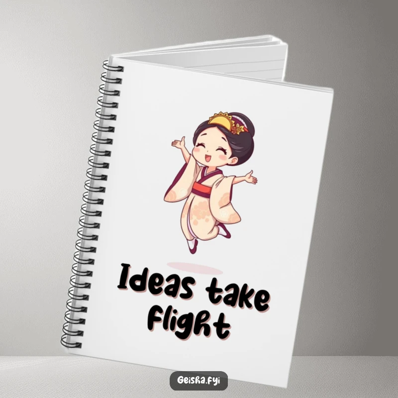 Funny geisha notebook showing a woman in a tiny, joyful leap, ideal for capturing ideas with energetic flair and spirited creativity.