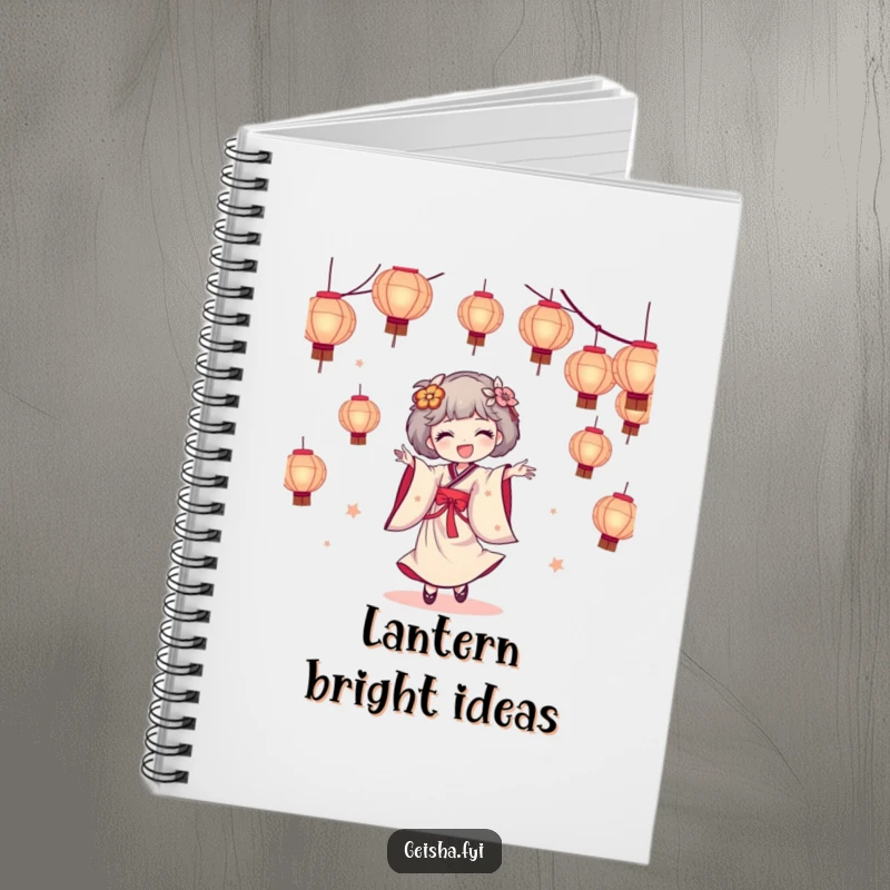 Funny geisha notebook featuring a geisha character joyfully dancing with a cascade of paper lanterns, ideal for creative writing and notes.