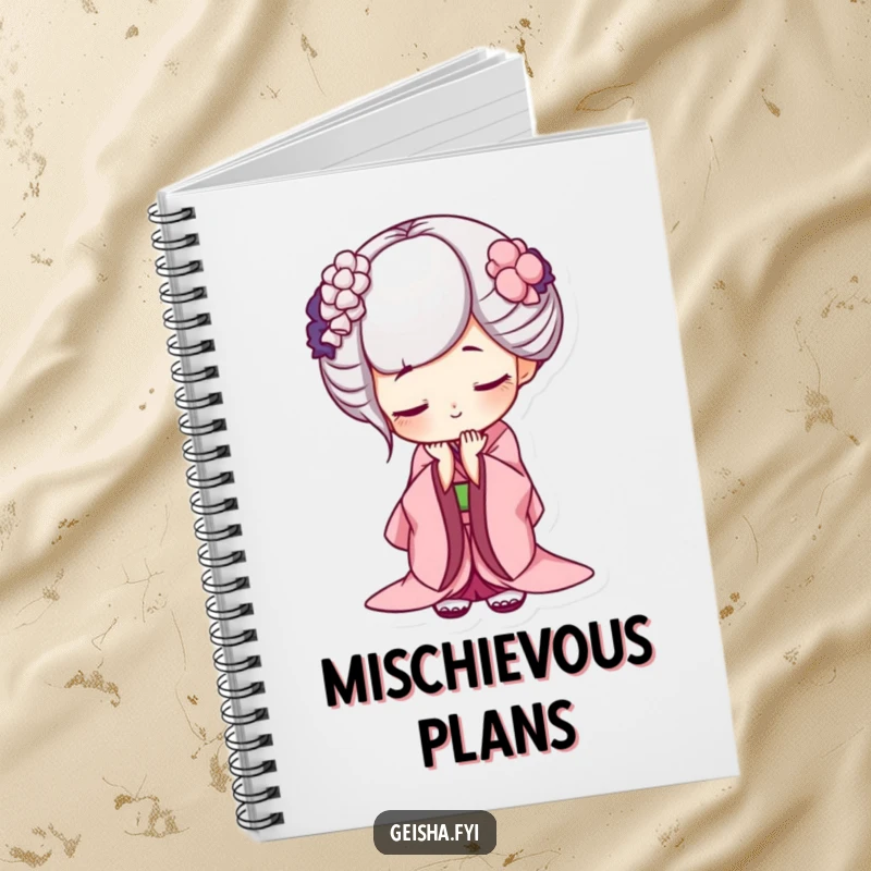 Funny geisha notebook, creative cover with a character bowing deeply with a mischievous grin, great for notes and humorous gifts.