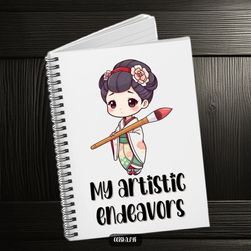 Cover features a funny geisha character humorously holding an oversized paintbrush mid-stroke in this notebook.