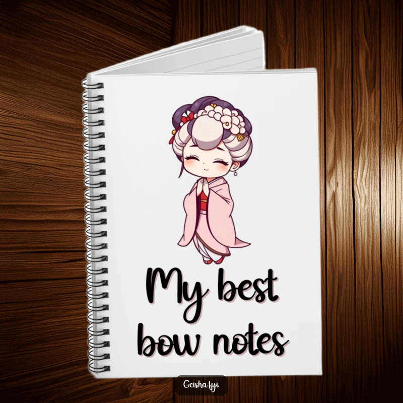 Funny Geisha Notebook featuring a character in a comically exaggerated bow, designed for note-taking and journaling.