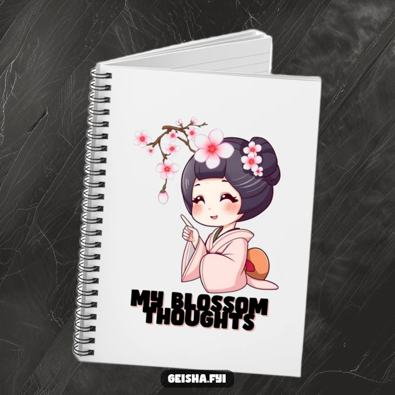 Funny geisha notebook, a geisha smiles widely pointing at a falling cherry blossom, inspiring joyful thoughts.