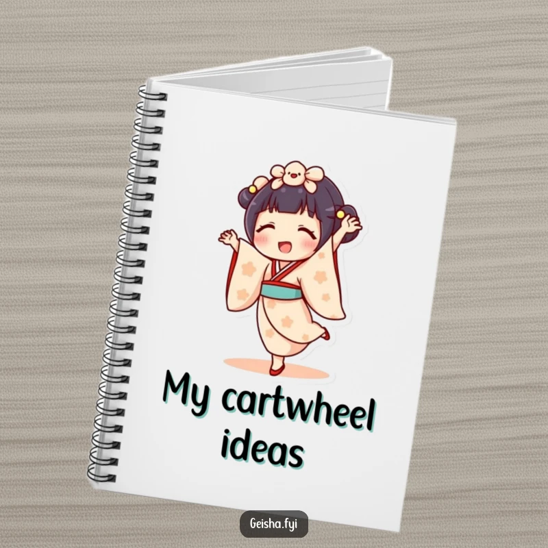 Funny geisha doll notebook cover featuring character doing a cartwheel with a joyful expression. Ideal for journaling energetic thoughts.