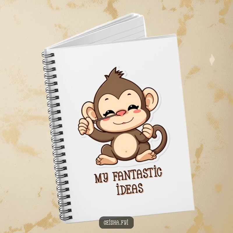 Funny cheeky monkey character notebook balancing a fan on its nose, perfect for notes, doodles, and capturing wild ideas.