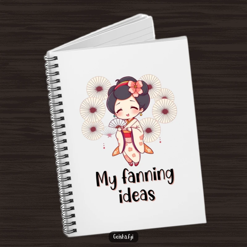 Funny geisha notebook featuring a joyful geisha fanning herself with fans, ideal for writing and capturing inspired thoughts.