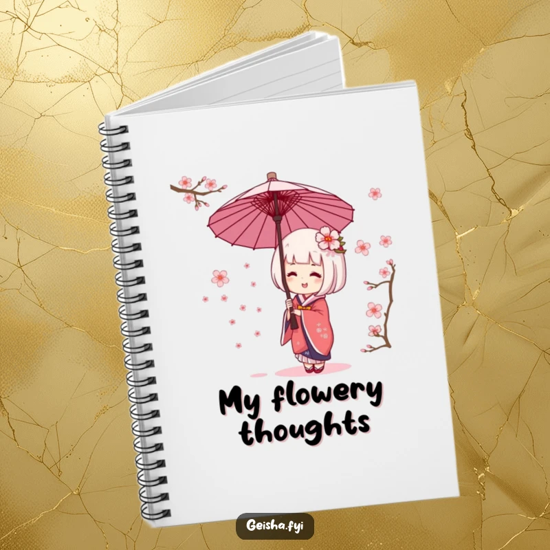 Funny geisha umbrella notebook cover featuring character giggling while catching cherry blossoms. Perfect for journaling happy thoughts.