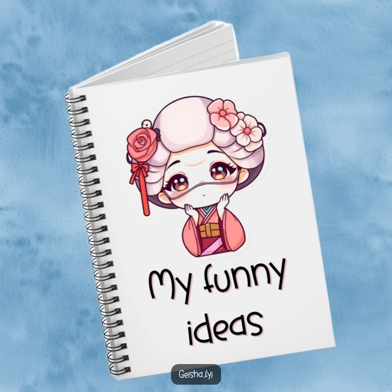 Funny geisha notebook featuring a geisha making a funny face with a mask, ideal for writing and creative expression.