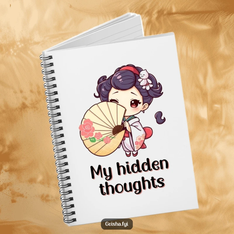 Playful notebook cover featuring a geisha character winking while peeking from behind a fan, inspiring intriguing note-taking and creative journaling.