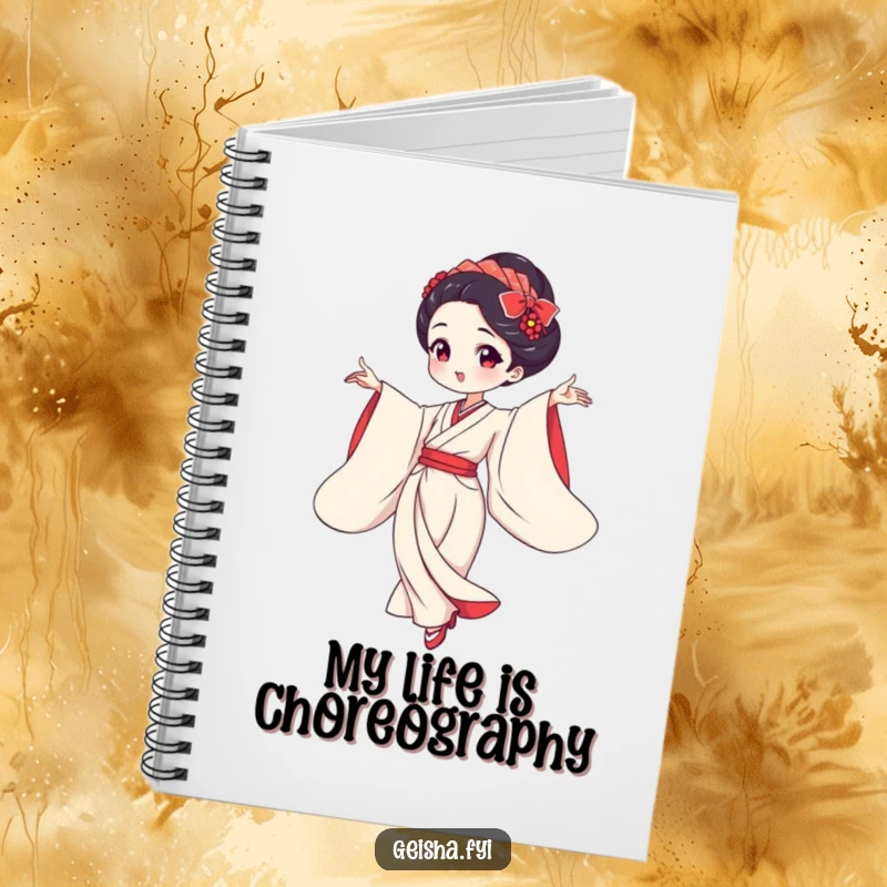 Funny geisha dancing gracefully with flowing sleeves notebook cover, elegant design, artistic humor, perfect funny gift.