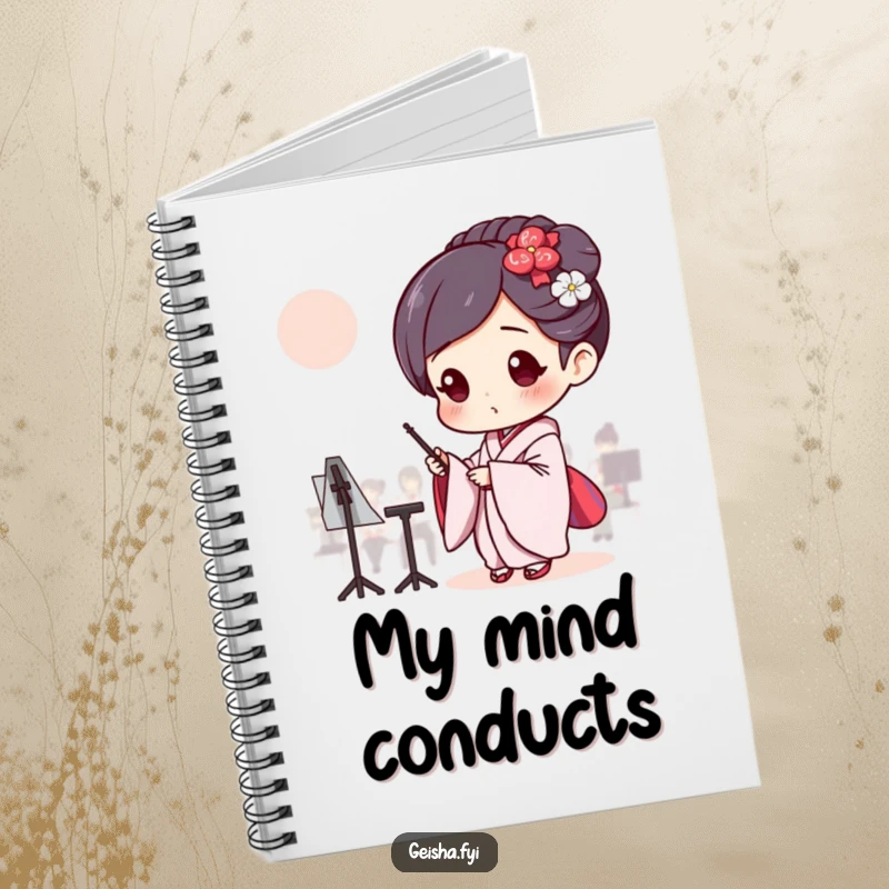 Funny Geisha conducting an invisible orchestra, humorous notebook for writing.