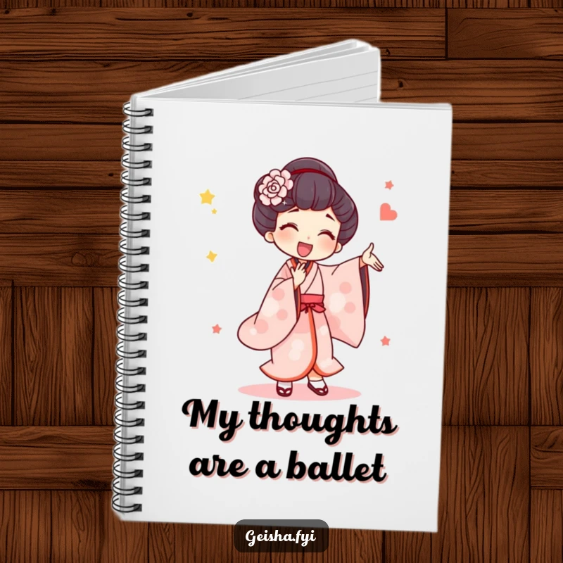 Funny Notebook: A geisha character dances with exaggerated, joyful movements, inspiring notes and doodles with artistic whimsy.