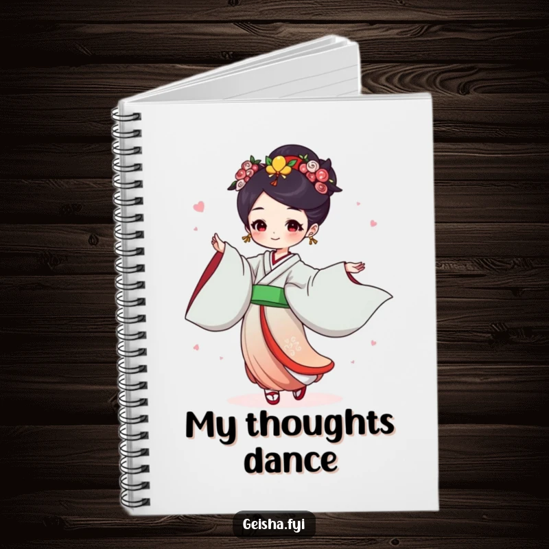 Funny Geisha Notebook: Joyful character dances with flowing sleeves, a dynamic and humorous journal.