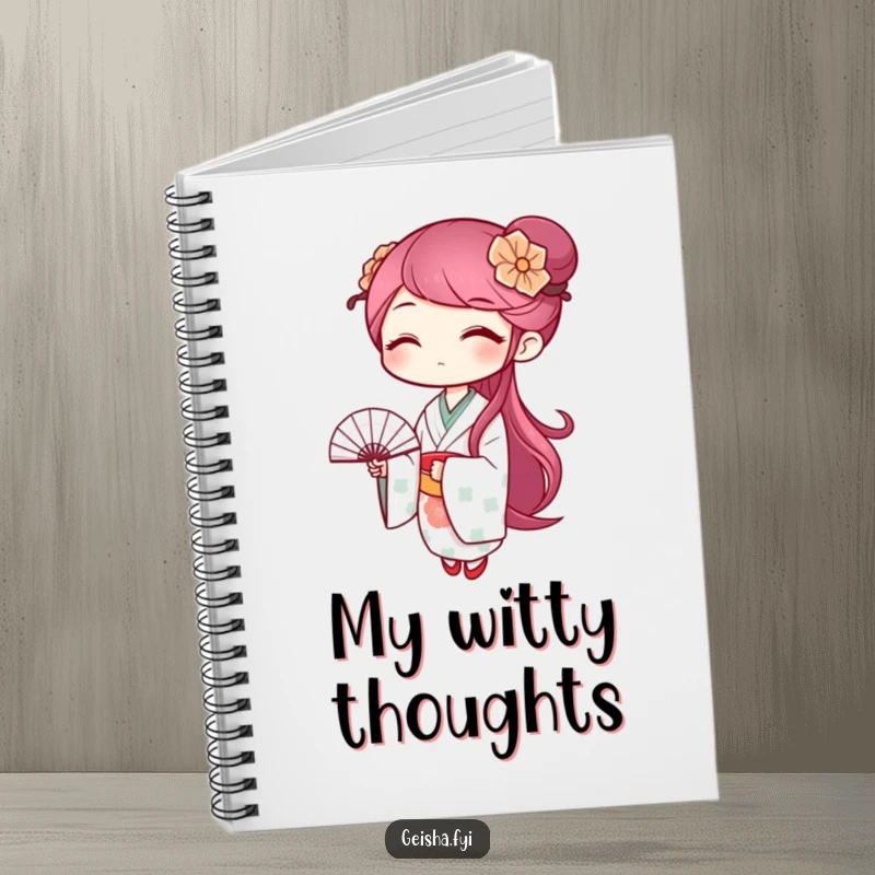 Funny geisha notebook with a winking character waving a fan, perfect for jotting down humorous ideas and notes.