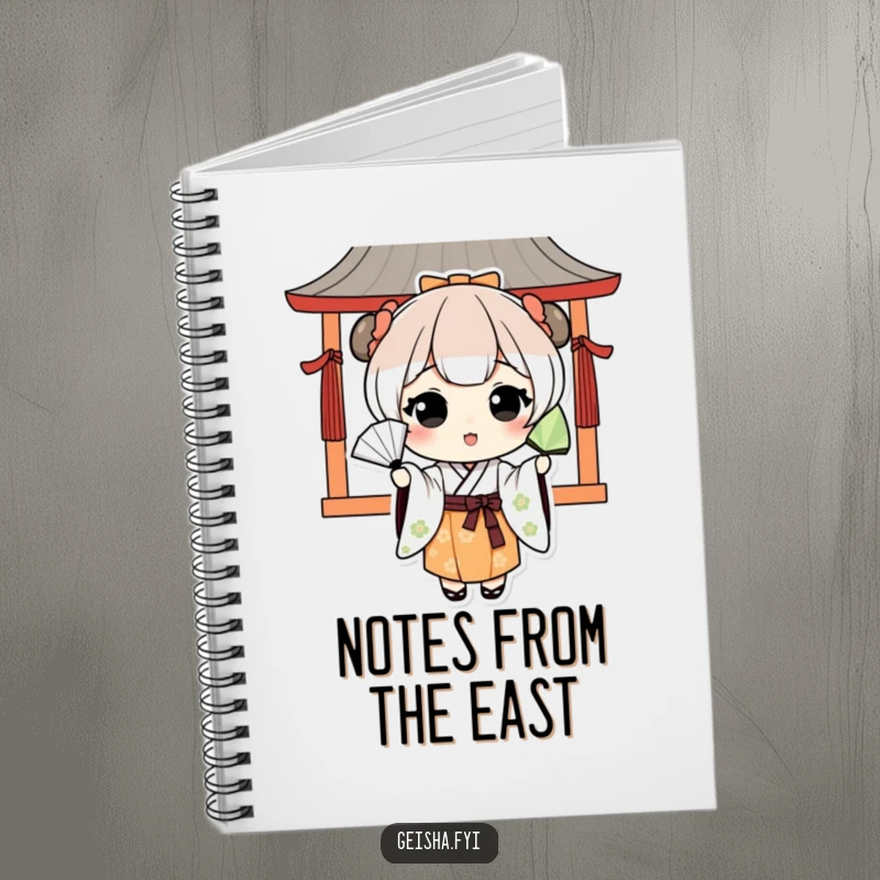 Funny kawaii character in traditional Japanese attire tossing a fan on a notebook cover, ideal for creative notes.