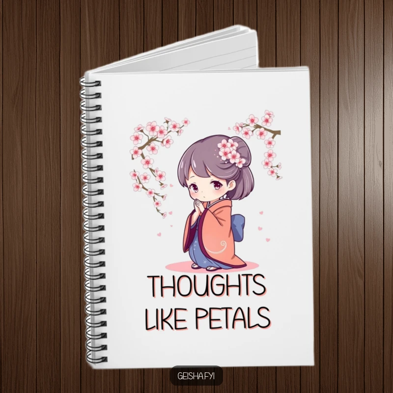 Elegant notebook cover featuring a geisha character bowing gently, with cherry blossoms falling, inspiring peaceful note-taking and journaling.