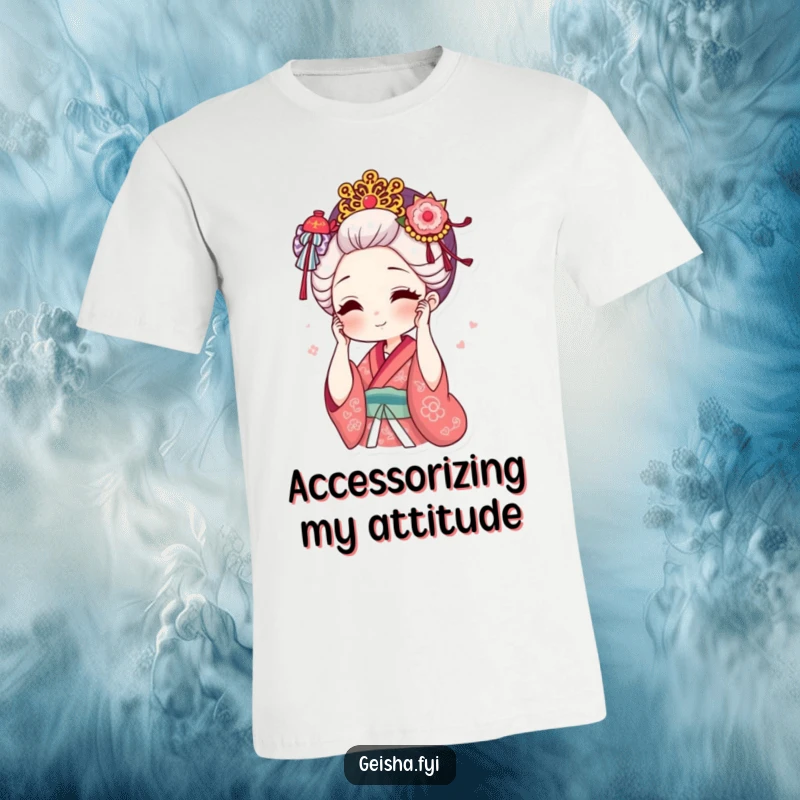 Funny geisha adjusting ornate hair accessory with a smile t-shirt, stylish pose, humorous expression, ideal funny gift.