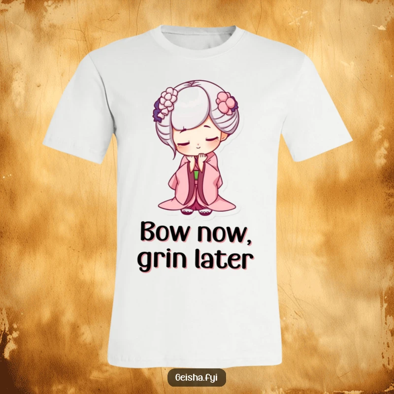 Funny geisha t-shirt, deep bow with a charming, mischievous grin, embodying polite humor, excellent for funny apparel and gifts.