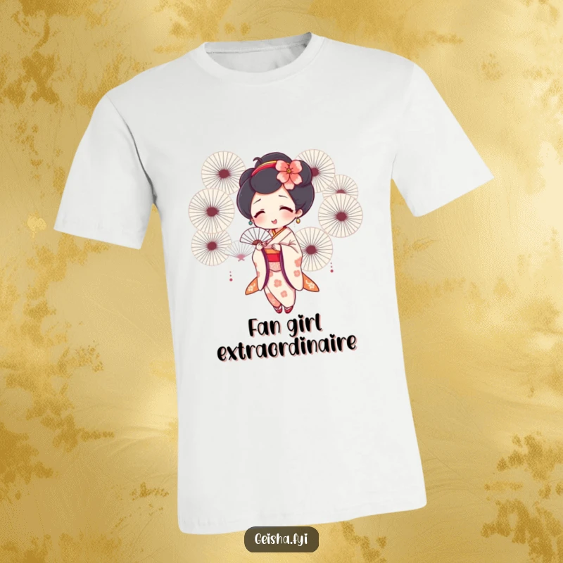 Funny geisha t-shirt featuring a joyful geisha fanning herself energetically with many beautiful fans, exuding happiness.