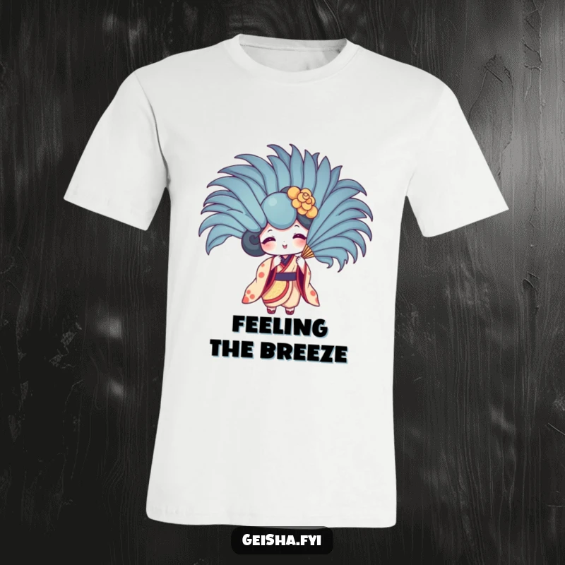 Funny geisha fan t-shirt of character using an enormous feather to fan itself. Playful, comedic, and stylish apparel.