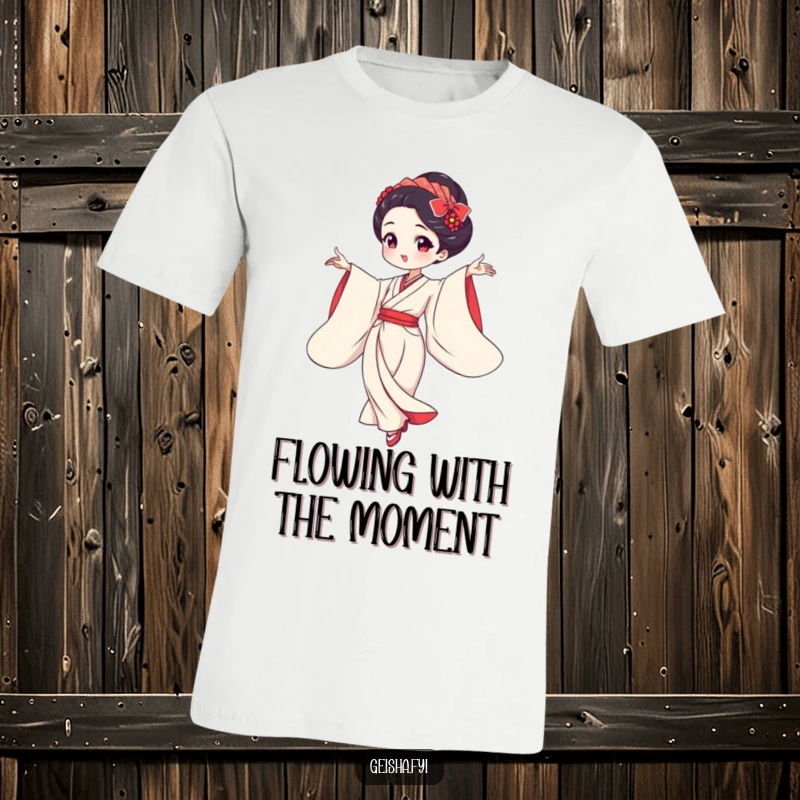 Funny geisha dancing with flowing sleeves t-shirt, elegant movement, comical expression, ideal funny gift.
