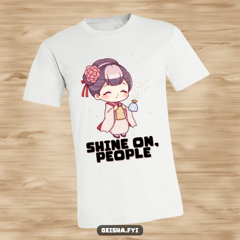 Funny geisha t-shirt, playful character scattering shimmering glitter with a mischievous grin, ideal for sparkly humor and funny gifts.