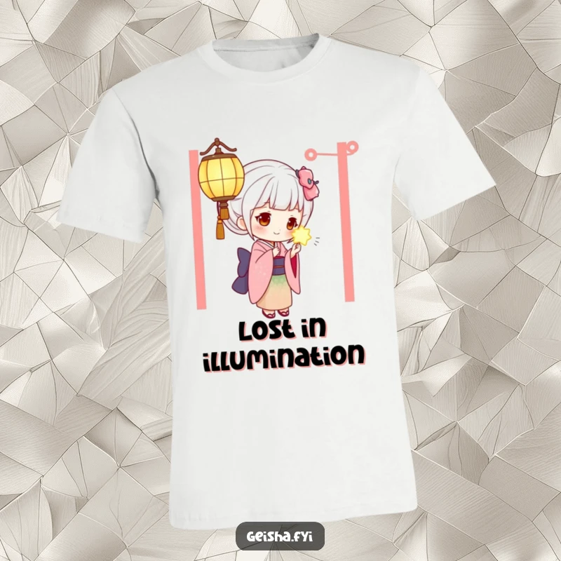 Funny geisha t-shirt showing a curious character intently observing a magical glowing lantern, a humorous statement piece.