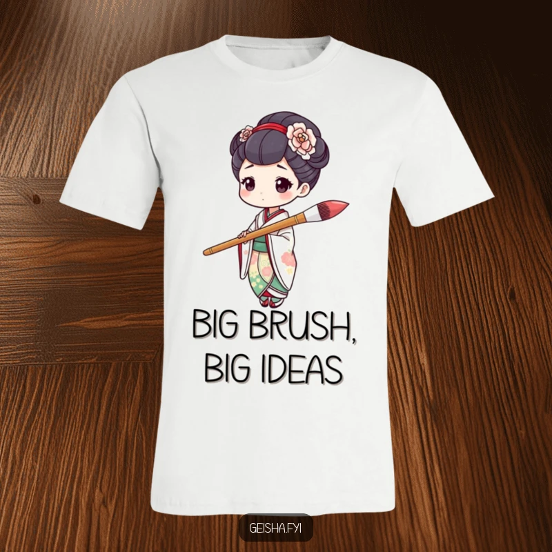 Funny geisha character humorously painting with a comically oversized paintbrush in mid-stroke on this t-shirt.