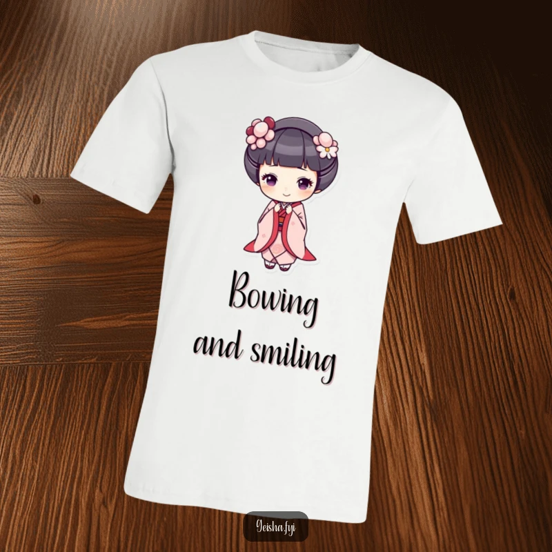 Funny geisha t-shirt, a geisha bows gracefully with a cheerful expression, embodying kindness and humor.