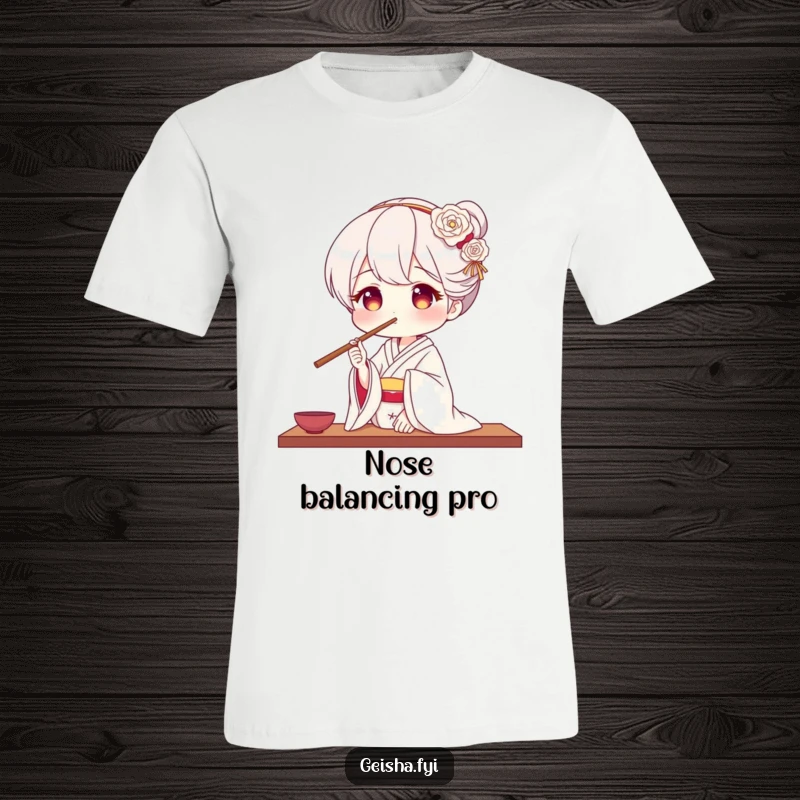 Funny geisha t-shirt featuring an elegant geisha skillfully balancing chopsticks on her nose, embodying playful grace.
