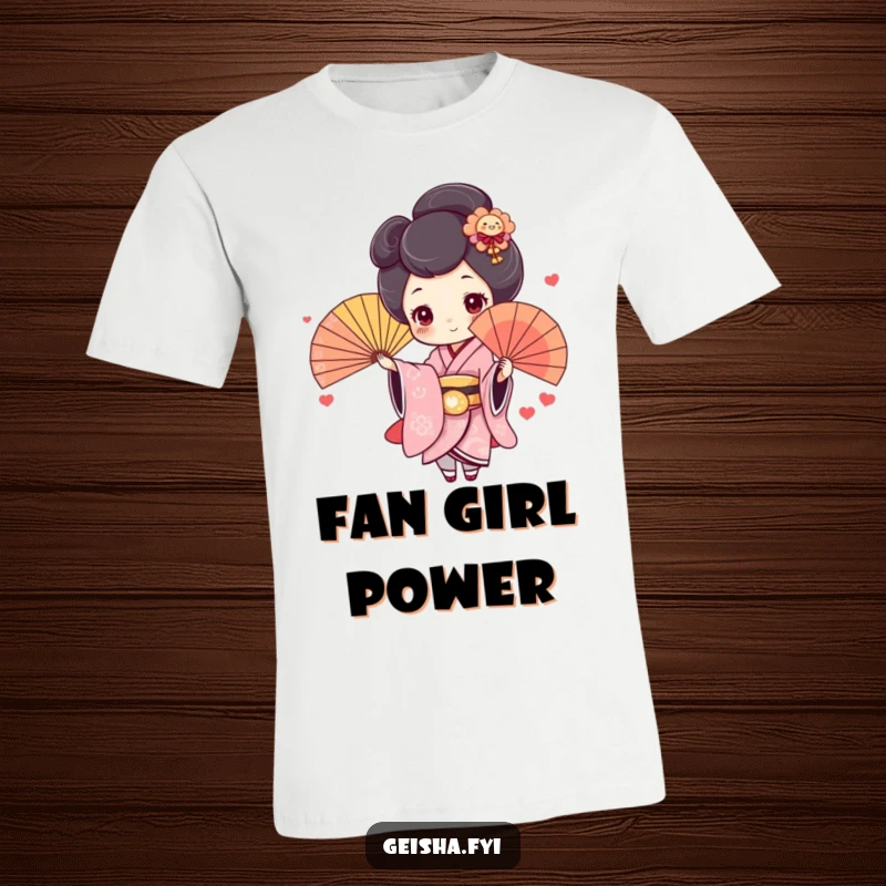 Funny Geisha T-Shirt: Cute character with rosy cheeks joyfully throws a colorful fan, a humorous and stylish graphic tee.