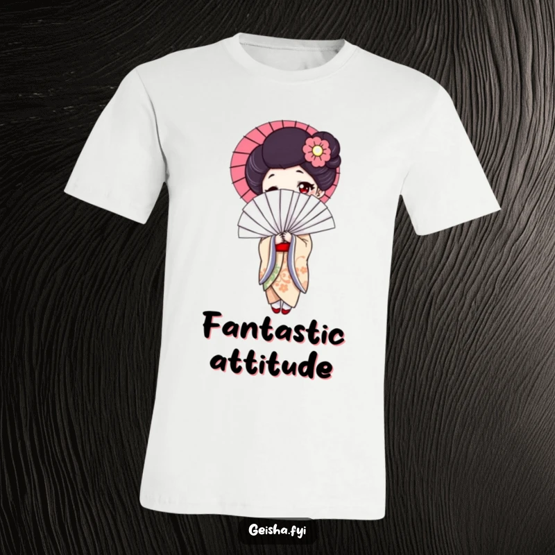 Funny geisha t-shirt, elegant woman holding a big, comical fan with a spirited look, excellent for humorous apparel gift.